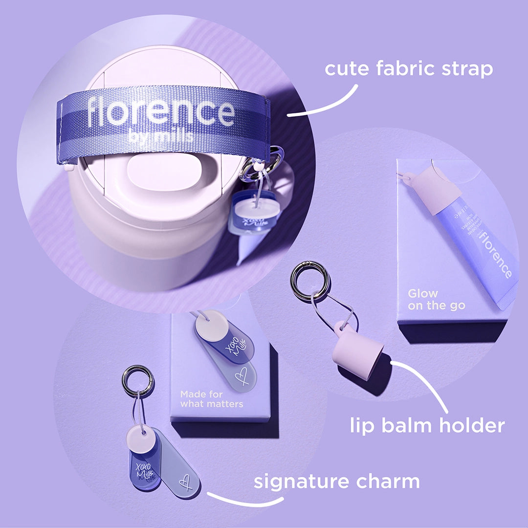 Borraccia "florence by mills x BRITA LARQ" su sfondo viola con accessori.