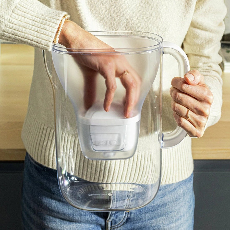 Una persona con un maglione bianco che inserisce un MAXTRA PRO filtro cartuccia in un BRITA Style Essential acqua filtro brocca.